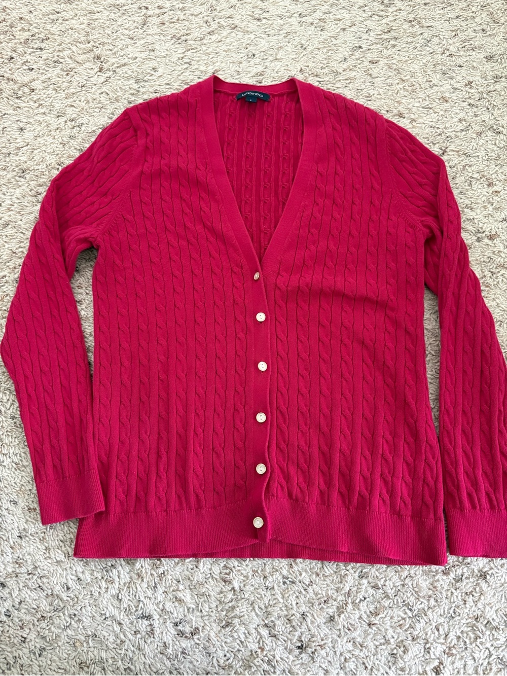Lands End Cable Knit Cardigan Sweater Dark Pink Fuschia Size Large Preppy Casual